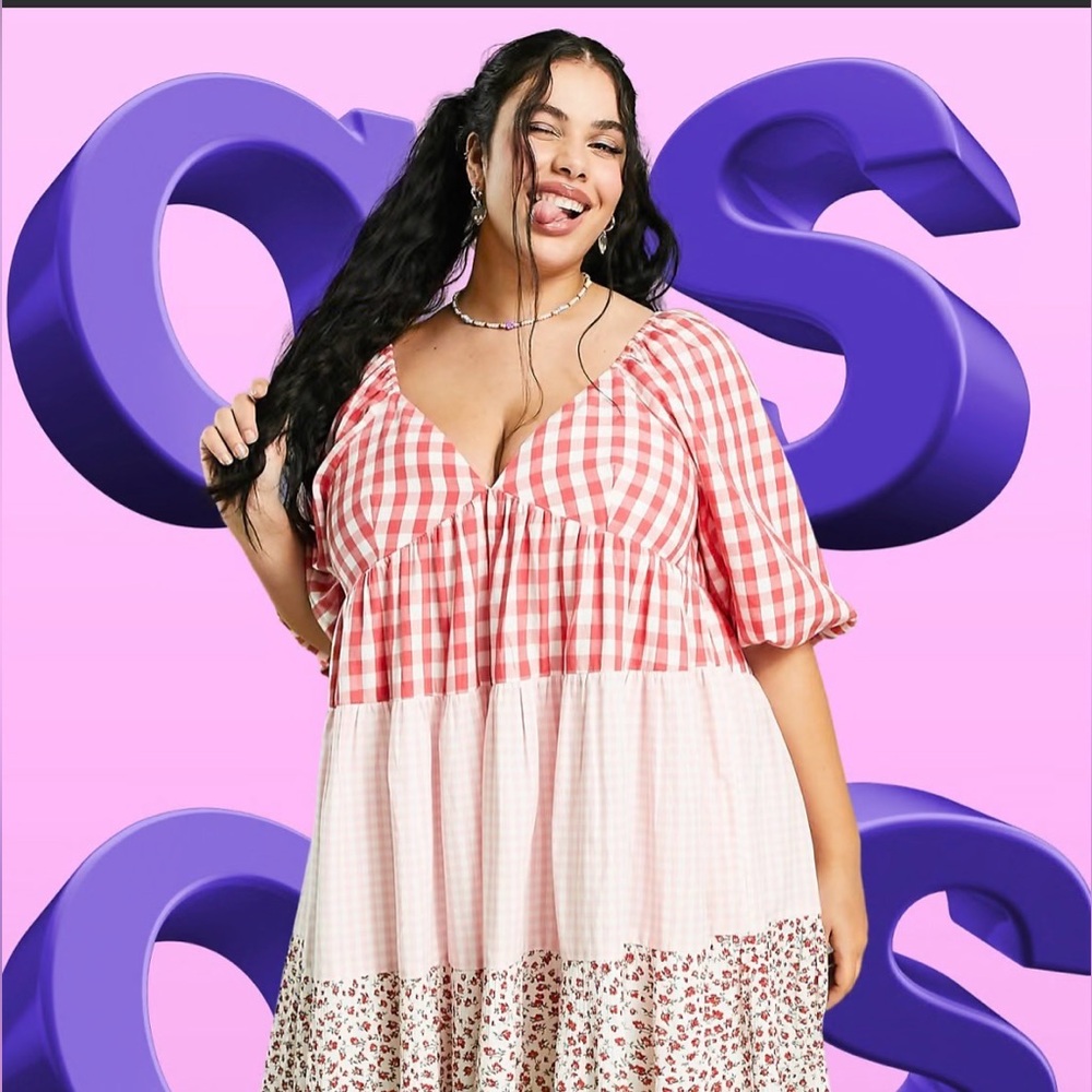 ASOS DESIGN Curve mixed gingham and floral tiered mini smock dress. NWOT